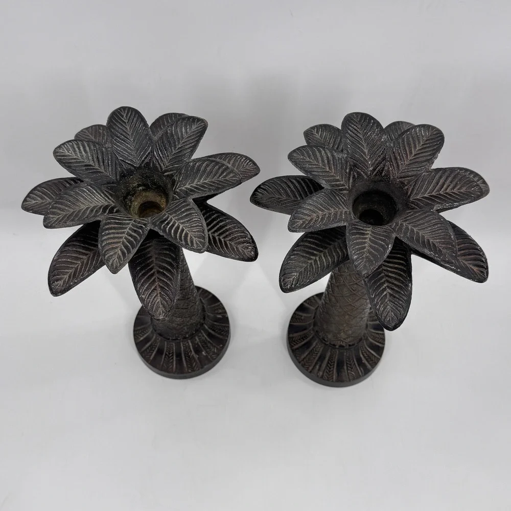 Vintage Iron Palm Tree Candle Holders Pair 15